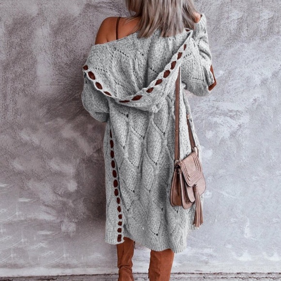 63Bohemian Knit Grey Lace Up Long Hood Gray Cardigan Brown Crochet Elbow Patches - Picture 2 of 7